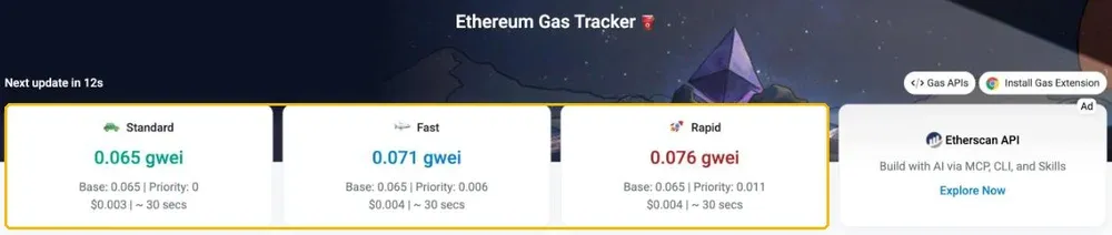 Etherscan Gas Tracker 的 Standard、Fast、Rapid 三档 Gas 价格