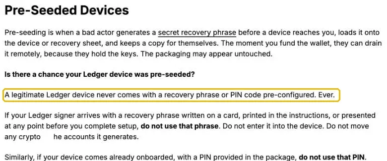 Ledger 官方购买安全指南：正品设备不会预先设置恢复短语或 PIN