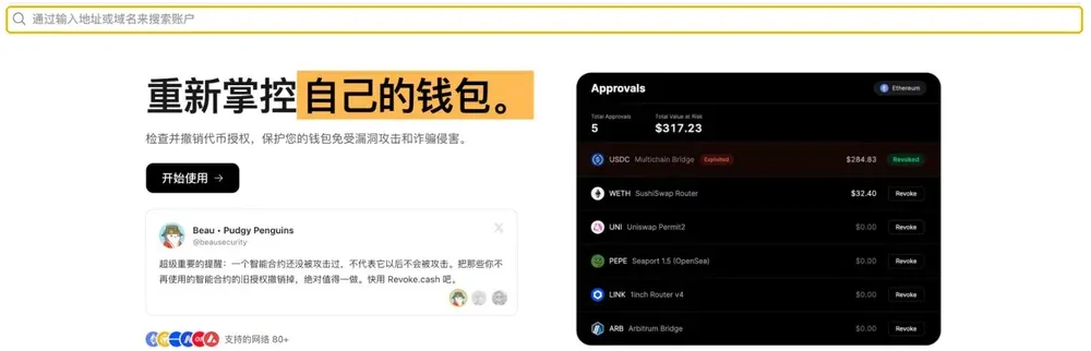 Revoke.cash 首页：通过输入地址或域名搜索账户