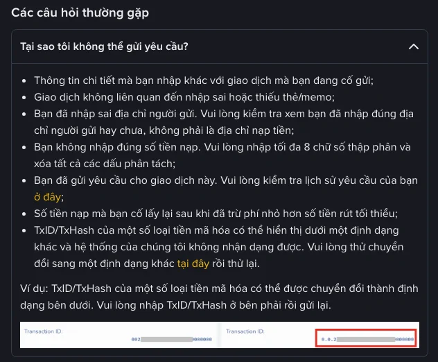 Mục câu hỏi thường gặp "Tại sao tôi không thể gửi yêu cầu?" trên trang trợ giúp Binance, liệt kê thông tin không khớp, sai địa chỉ người gửi, yêu cầu trùng, số tiền dưới mức rút tối thiểu và ví dụ chuyển đổi định dạng TXID