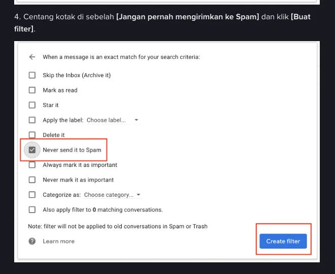 Langkah 4 di halaman bantuan Binance tentang whitelist email: jendela filter Gmail dengan kotak Never send it to Spam yang sudah dicentang dan tombol Create filter yang diberi kotak merah
