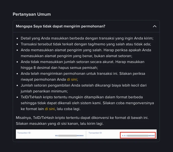 Daftar alasan permohonan pemulihan tag/memo tidak dapat dikirim di halaman bantuan Binance, termasuk detail tidak cocok, alamat pengirim salah, permohonan ganda, dan contoh konversi format TXID
