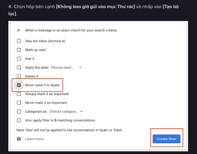 Bước 4 trên trang trợ giúp Binance về đưa email vào danh sách ưu tiên: hộp thoại tạo bộ lọc của Gmail với ô Never send it to Spam đã được đánh dấu và nút Create filter được khoanh đỏ