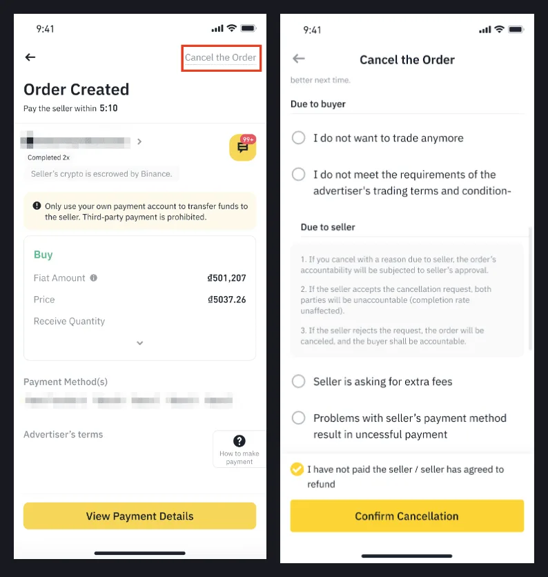 Ảnh chụp ứng dụng Binance trên trang trợ giúp chính thức: bên trái là trang lệnh P2P "Order Created" với nút Cancel the Order khoanh đỏ, bên phải là màn hình Cancel the Order với các lý do Due to buyer, Due to seller và nút Confirm Cancellation