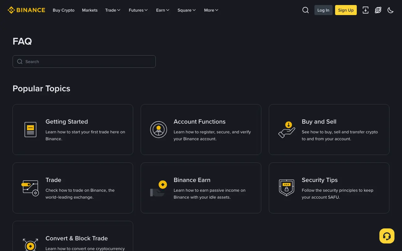 Trang FAQ chính thức của Binance hiển thị các nhóm Account Functions và Security Tips