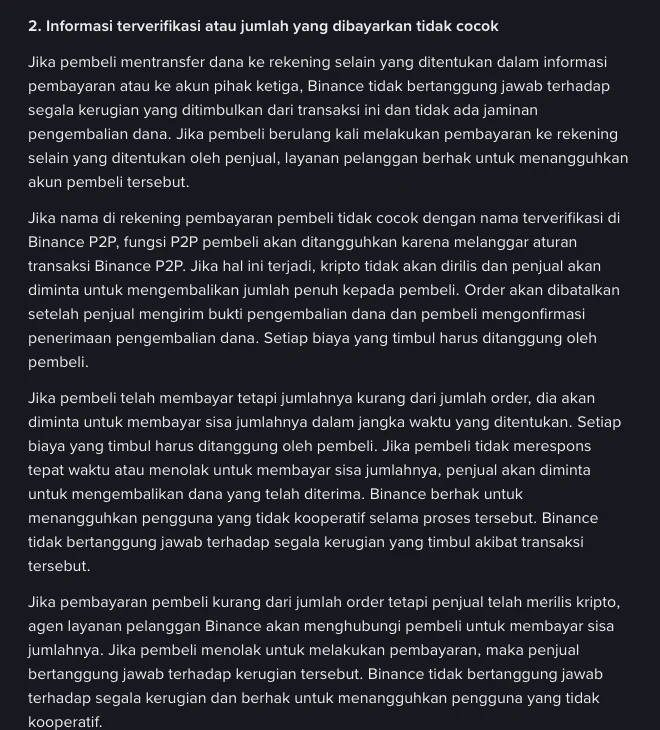 Potongan aturan banding P2P Binance untuk sisi penjual: transfer ke rekening selain yang ditentukan tidak dijamin kembali, nama rekening pembeli yang tidak cocok membuat fungsi P2P ditangguhkan, serta ketentuan saat pembayaran kurang dari jumlah order