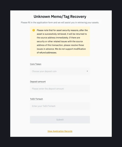 Contoh formulir Unknown Memo/Tag Recovery dari halaman bantuan Binance, berisi peringatan bahwa aset dikembalikan ke alamat sumber serta kolom Coin/Token, Deposit amount, dan TxID/TxHash