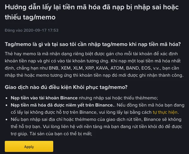 Quên điền Memo/Tag khi nạp tiền vào Binance: cách yêu cầu khôi phục