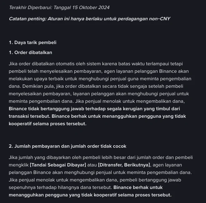 Potongan halaman Aturan Penanganan Pengajuan Banding P2P Binance berbahasa Indonesia, tertanggal 15 Oktober 2024, yang memuat aturan order dibatalkan setelah pembeli membayar dan aturan jumlah pembayaran yang tidak cocok dengan jumlah order