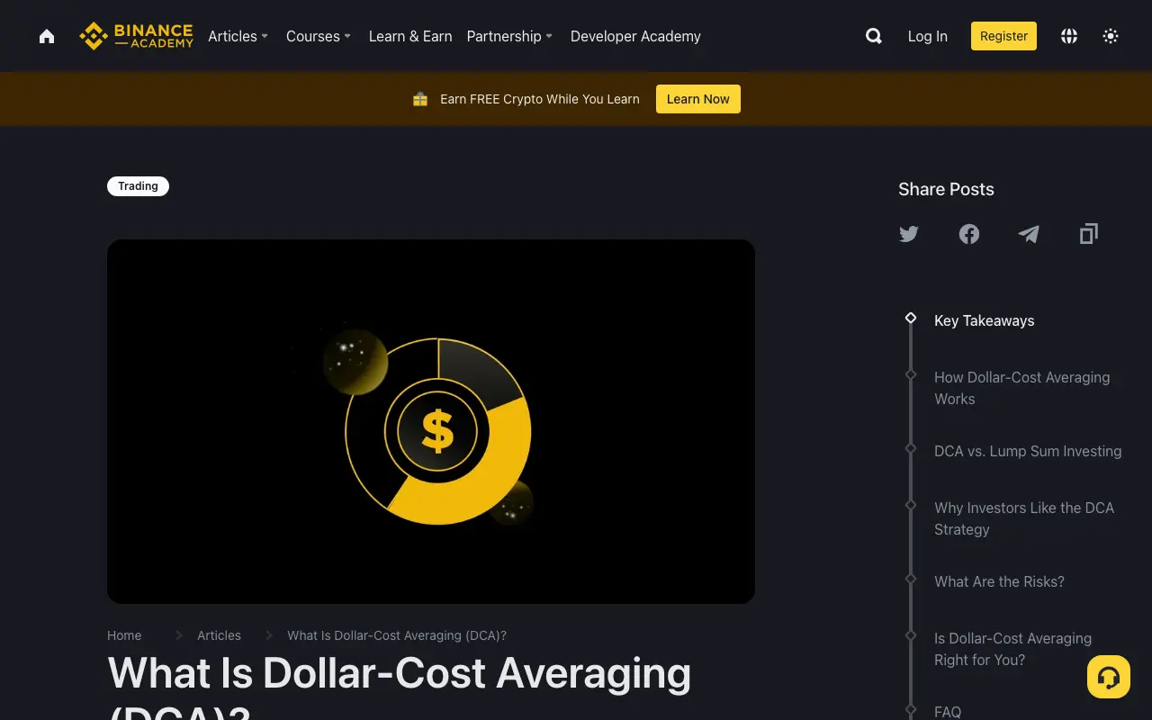 Trang Binance Academy giới thiệu Dollar-Cost Averaging, gồm các mục cách hoạt động, DCA so với đầu tư một lần và rủi ro